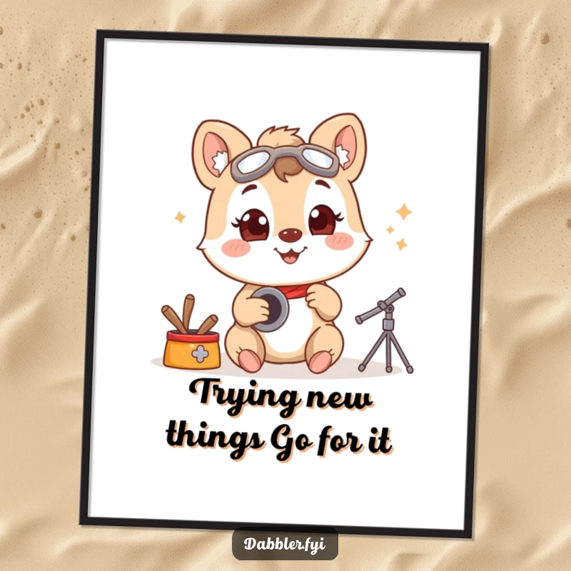 Funny Free Printable Wall Art depicting a smiling animal character trying a new hobby with wide-eyed, infectious enthusiasm. A true learner.