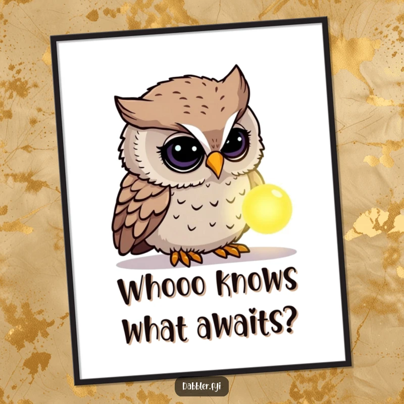Funny Free Printable Wall Art: A curious owl examines a glowing, mysterious object, creating an atmosphere of wonder and intrigue.