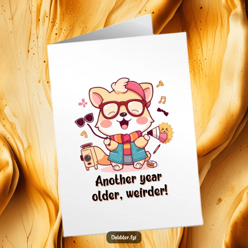 Funny Free Printable Birthday Card featuring a silly animal character joyfully trying on quirky and amusing accessories.