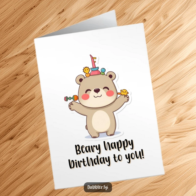 Funny free printable birthday card featuring a cheerful bear expertly balancing multiple objects on its nose.