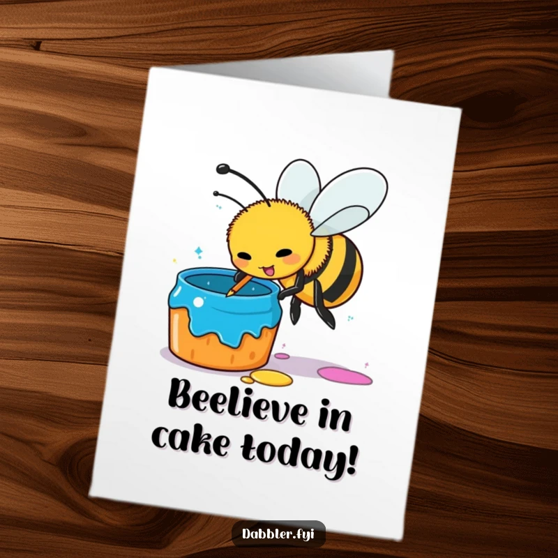Funny Free Printable Birthday Card: A busy bee humorously dips its stinger into a colorful paint pot, ready to create.