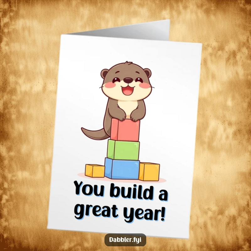 Funny Free Printable Birthday Card: Delighted otter skillfully balancing a tall tower of colorful blocks.