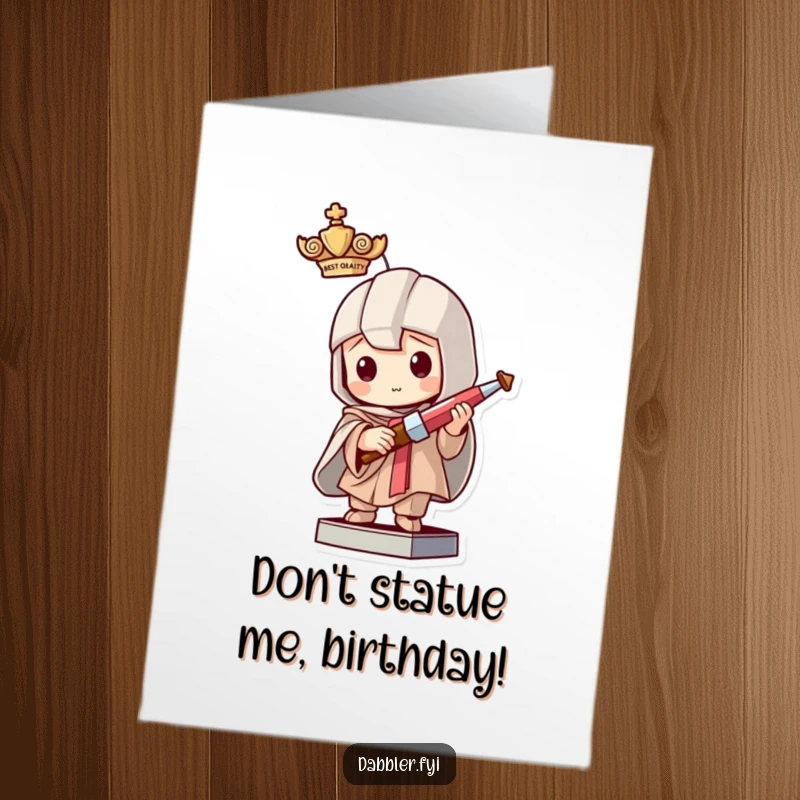 Funny Free Printable Birthday Card: a mischievous character hilariously posing as a statue while clutching a tiny crafting tool.
