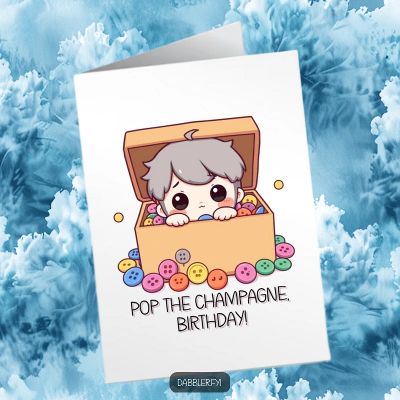 Funny Free Printable Birthday Card showing a character curiously peeking into a box overflowing with colourful buttons, a delightful surprise.