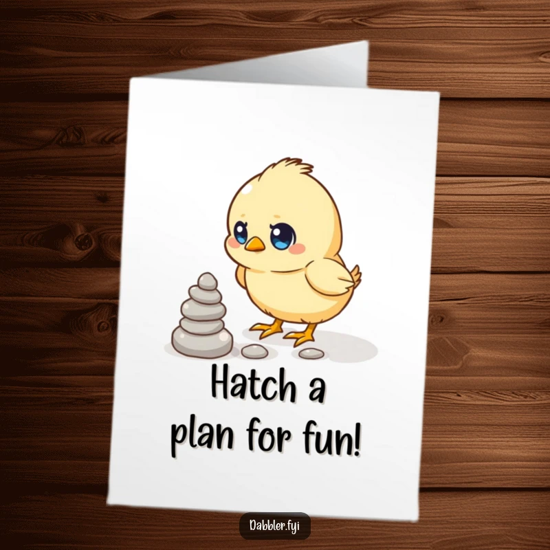Funny Free Printable Birthday Card: Determined chick stacking small pebbles with focus, a cute and humorous design for a special day.