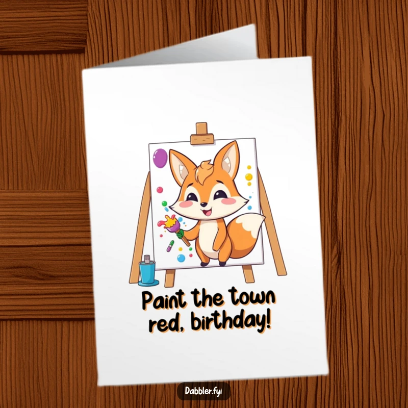 Funny Free Printable Birthday Card: Happy fox character grinning while splashing colorful paint onto a blank canvas.