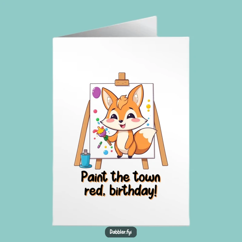 Free Printable Birthday Card: Fox Splashing Paint, Funny Downloadable Gift for Creative Wishes