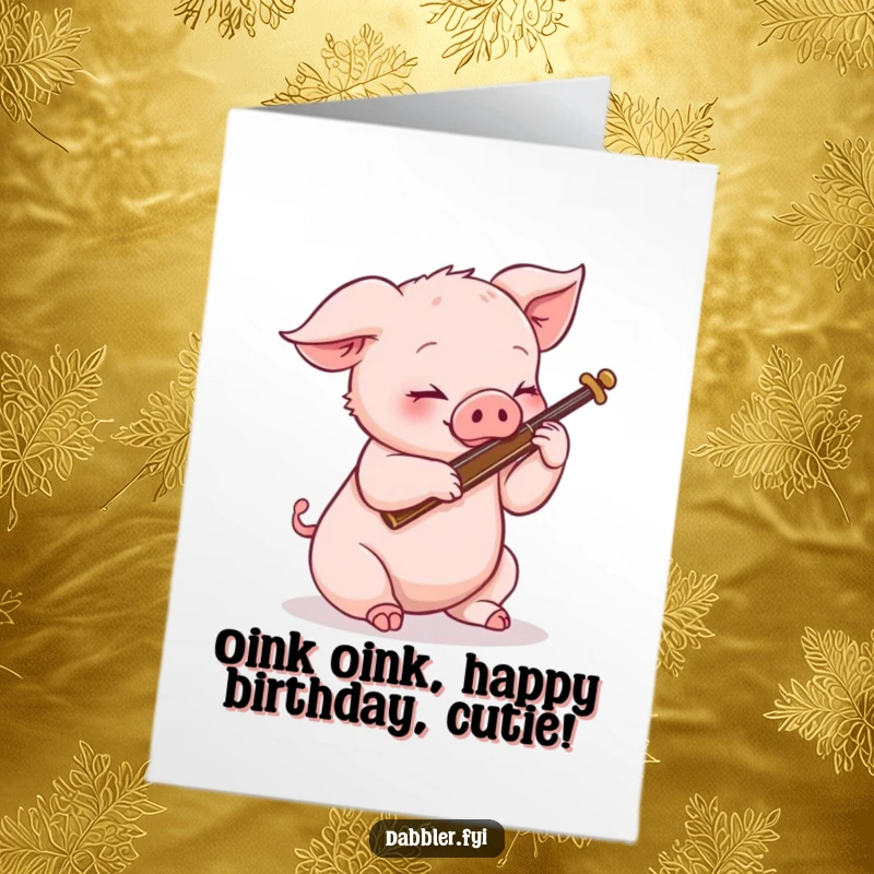 Funny free printable birthday card: a determined piglet attempting to play a strange, small musical instrument.