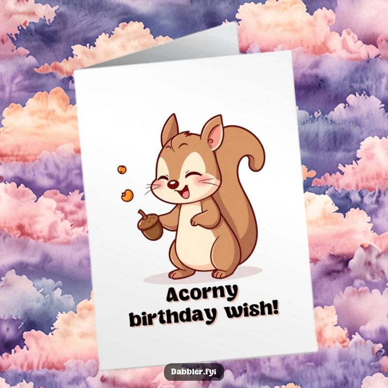 Funny Free Printable Birthday Card: Playful squirrel tossing an acorn with enthusiasm, celebrating joyfully.