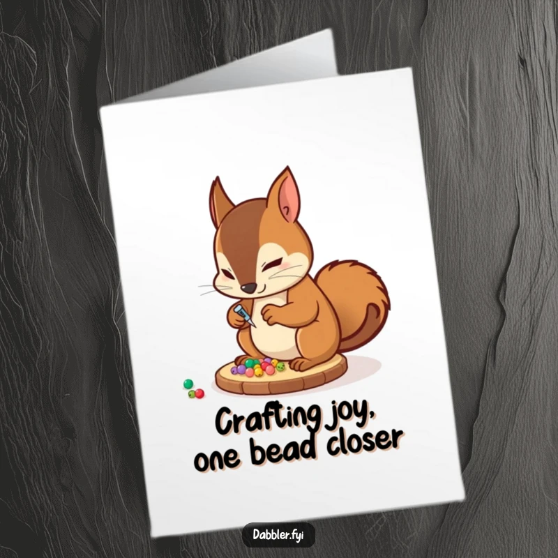 Funny Free Printable Birthday Card: Determined squirrel gluing tiny beads onto a coaster, perfect for a DIY craft gift.