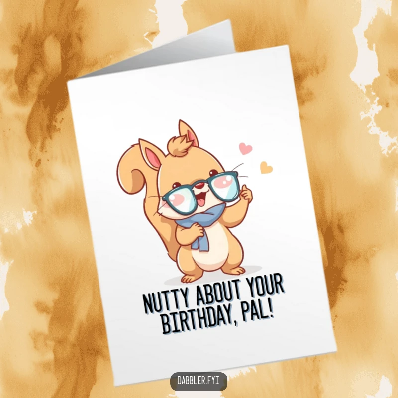 Funny free printable birthday card: a squirrel enthusiastically trying on a silly new accessory, like a hat.