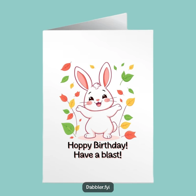 Free Printable Birthday Card: Happy Rabbit Juggling Leaves - Hilarious Downloadable Gift!