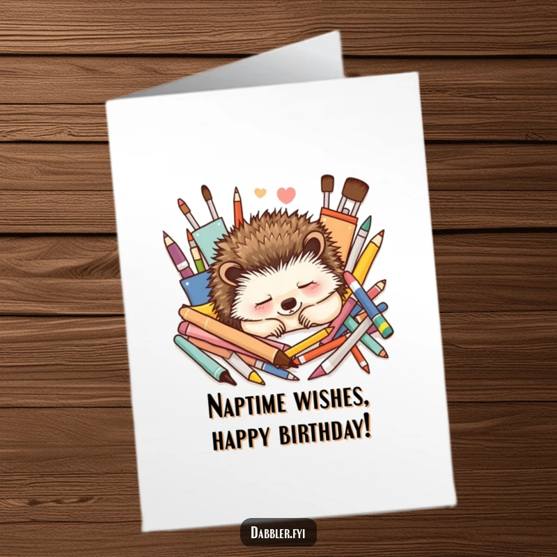 Funny Free Printable Birthday Card: Content hedgehog naps among art supplies, a peaceful DIY gift.
