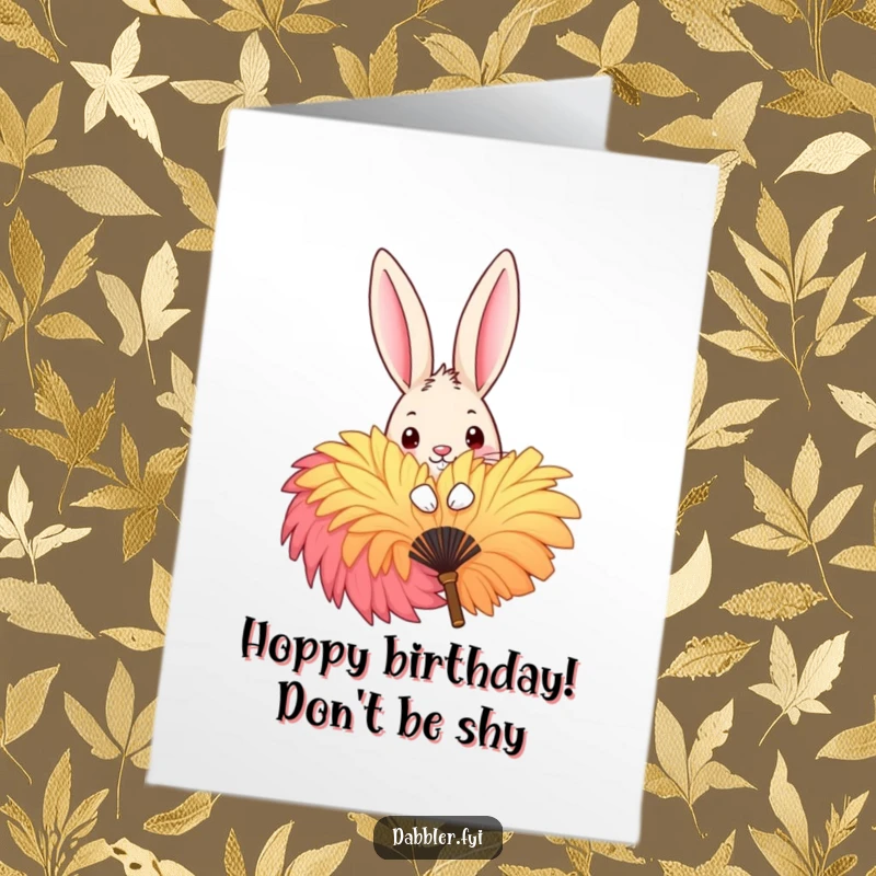 Funny Free Printable Birthday Card: Mischievous rabbit peeking with wide eyes behind a vibrant feather fan, ready to surprise.