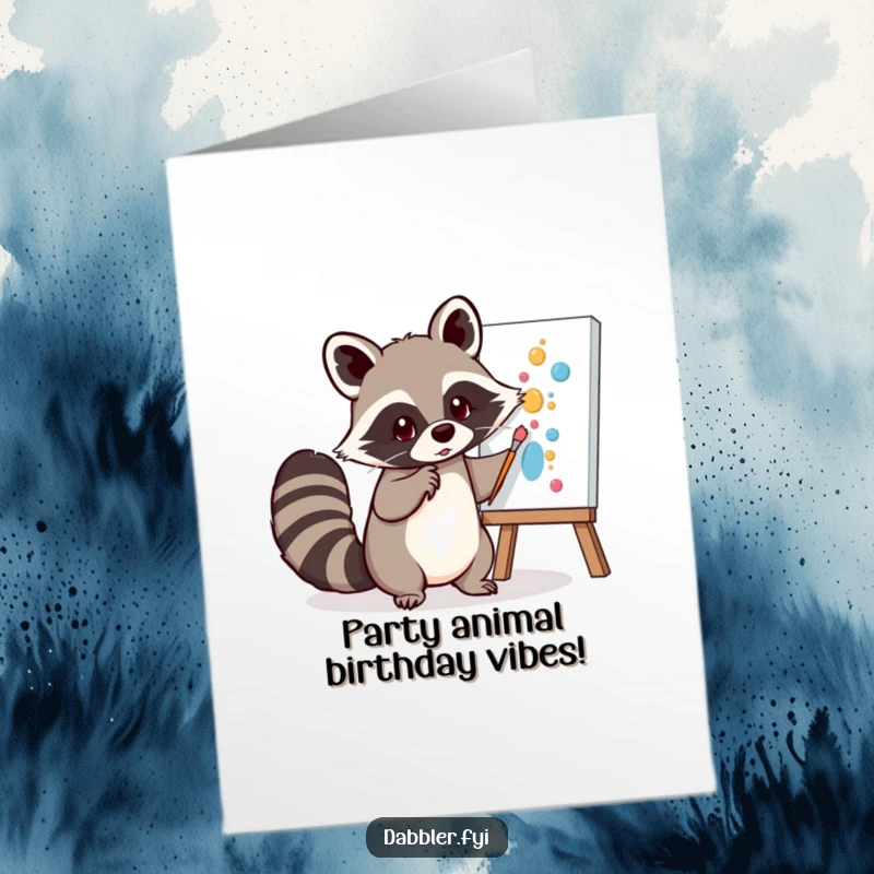 Funny Free Printable Birthday Card: Mischievous raccoon paints with its tail, a unique DIY gift for art lovers.