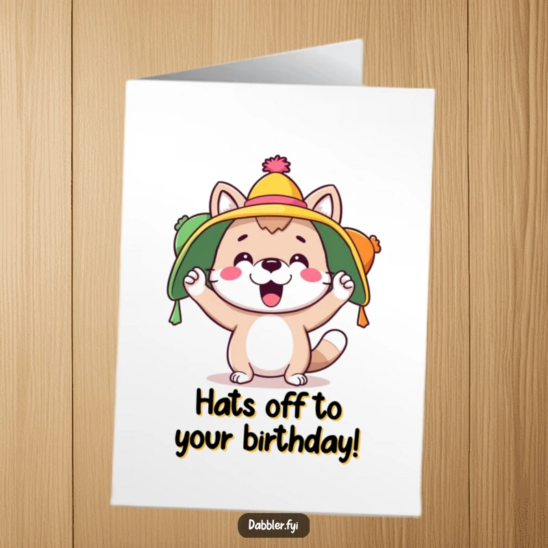 Funny Free Printable Birthday Card: A playful animal is hilariously adorned with several colorful hats at once.