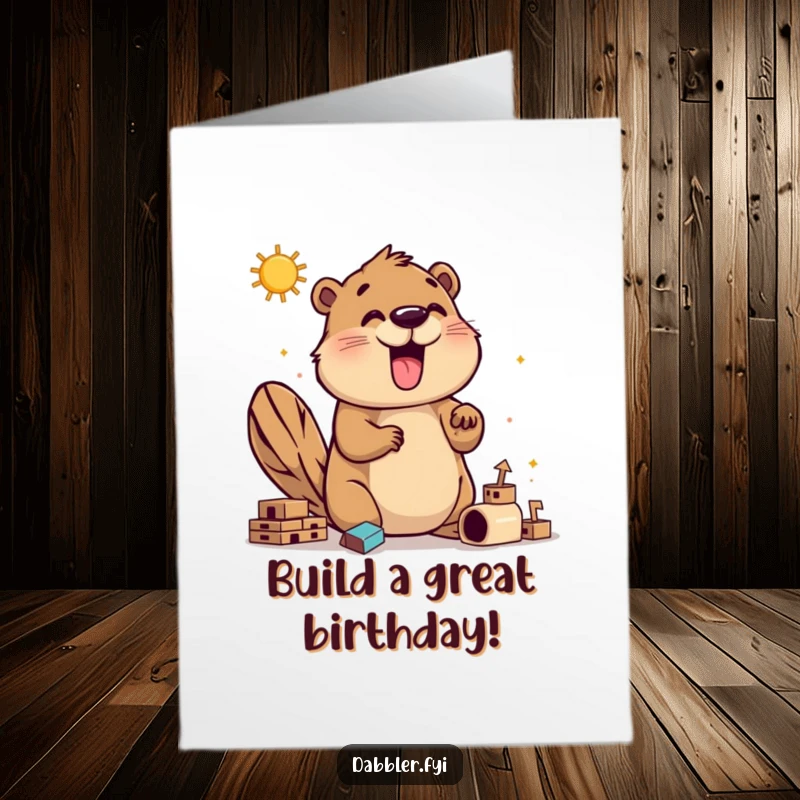 Funny Free Printable Beaver Birthday Card showing a happy beaver enthusiastically exploring different building contraptions for a party.