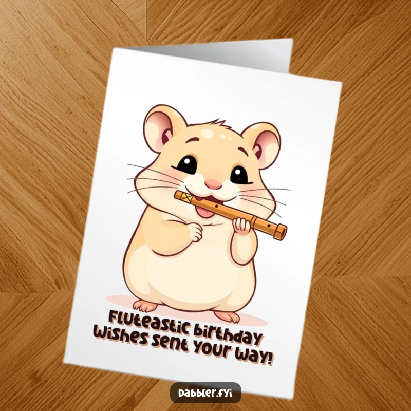 Funny Free Printable Happy Birthday Card: Delighted hamster playing tiny flute with immense joy, perfect for a laugh.