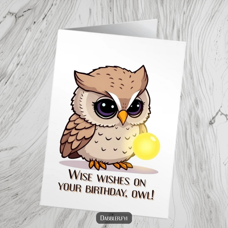 Funny Free Printable Birthday Card: A curious owl intently examines a glowing, mysterious object, adding wonder to birthday wishes.