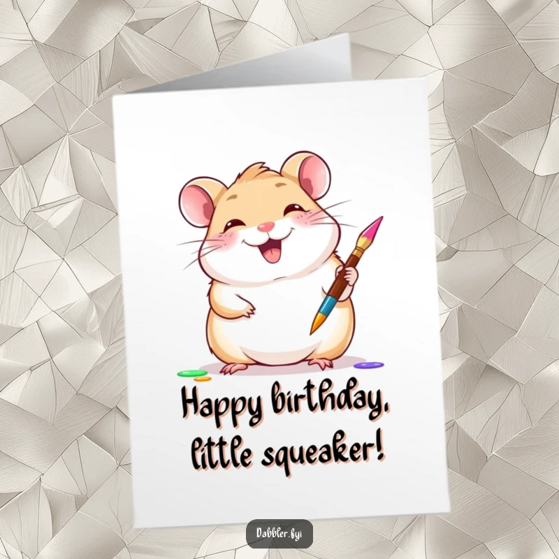Funny Free Printable Birthday Card: Giggling hamster trying new paintbrush, colorful art, happy birthday.