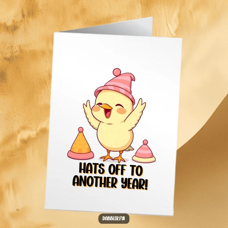 Funny Free Printable Birthday Card: Joyful bird enthusiastically trying on tiny hats, celebrating with flair.