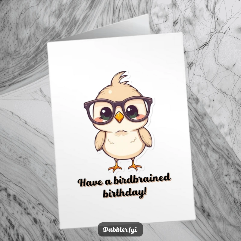 Funny Free Printable Birthday Card: Bird comically wearing oversized glasses, a scholarly and amusing character.