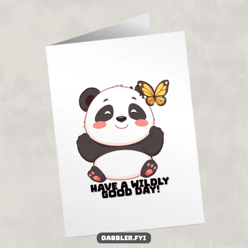 Funny Free Printable Birthday Card: Smiling panda watching a fluttering butterfly with gentle fascination, a peaceful and humorous design.