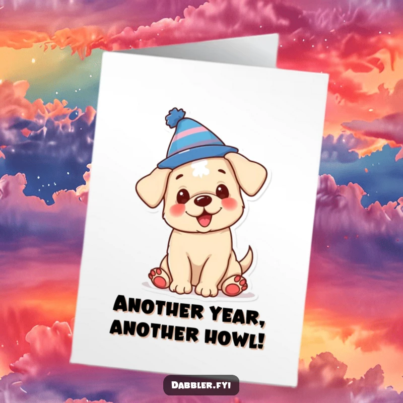 Funny Free Printable Birthday Card: A joyful puppy wearing a comically oversized, colorful hat, radiating pure birthday excitement.