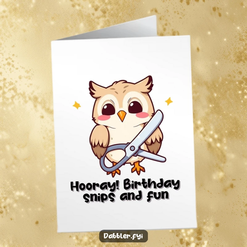 Funny Free Printable Birthday Card: Giggling owl snipping colorful paper with giant scissors, a whimsical DIY gift.