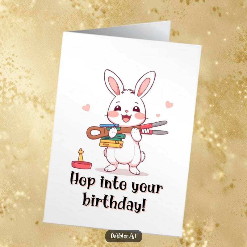 Funny Free Printable Birthday Card: A happy rabbit struggles to balance crafting tools, a humorous DIY gift for creators.