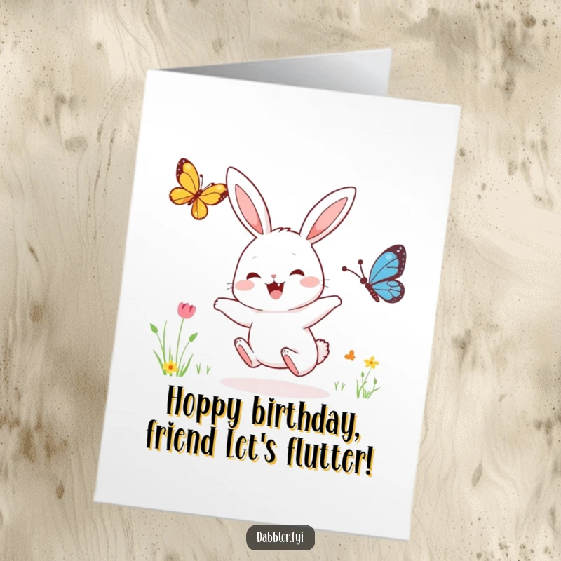 Funny Free Printable Birthday Card: Cute rabbit with big smile chases a pretty butterfly, bringing birthday cheer.
