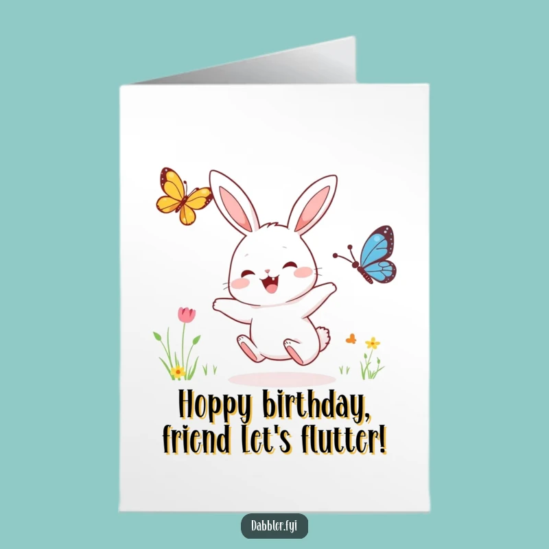 Free Printable Funny Birthday Card: Joyful Rabbit Chasing Butterfly, Cute Downloadable Gift