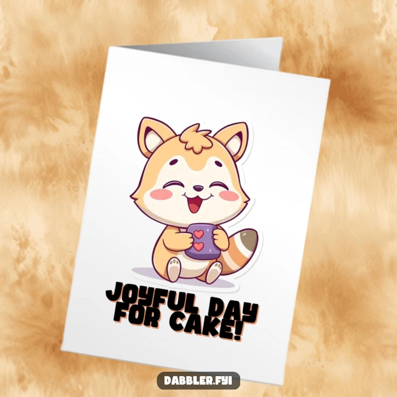 Funny free printable birthday card: A gleeful animal character joyfully interacts with a fascinating new object, full of delight.