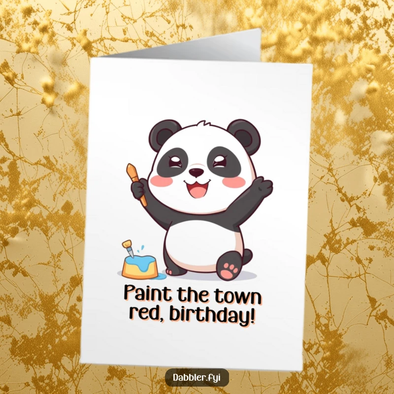 Funny Free Printable Birthday Card: Joyful panda enthusiastically dabbing paint with a sponge.