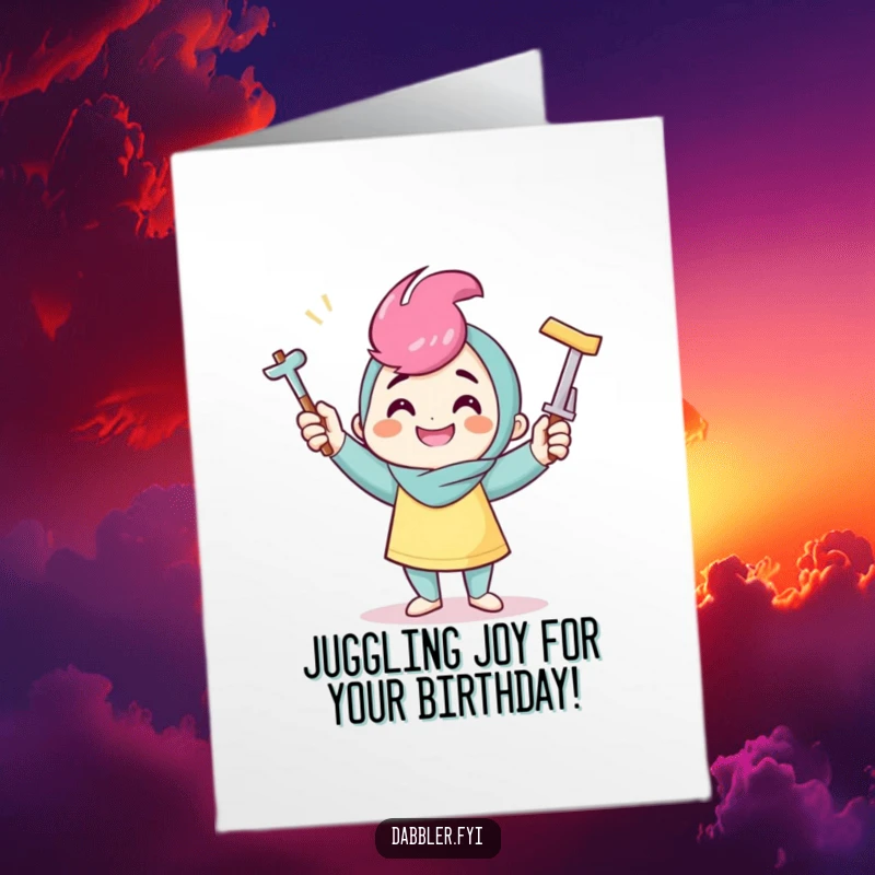 Funny Free Printable Birthday Card: Smiling character juggling craft tools, a humorous DIY card for crafters.