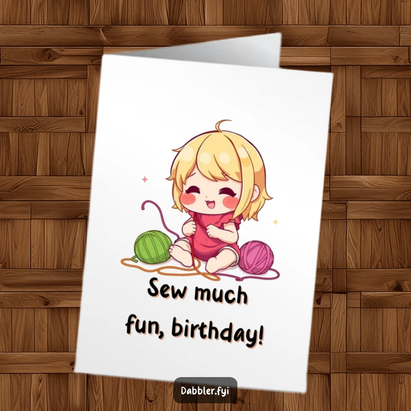 Funny Free Printable Birthday Card featuring a character joyfully experimenting with vibrant colourful threads, ready for a crafting celebration.