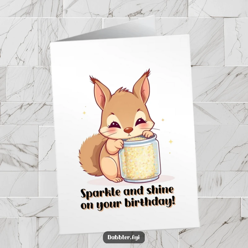 Funny Free Printable Birthday Card: A curious squirrel excitedly peeks into a tiny can of glitter, ready for fun.