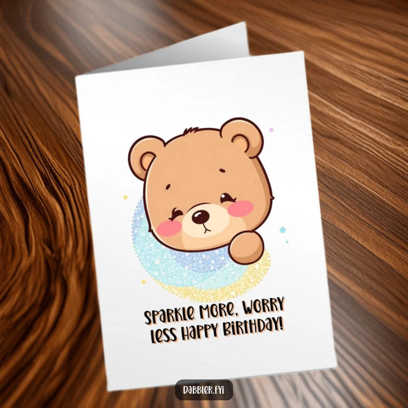 Funny Free Printable Birthday Card: Curious bear mesmerized by sparkling glitter pattern, ready to celebrate.