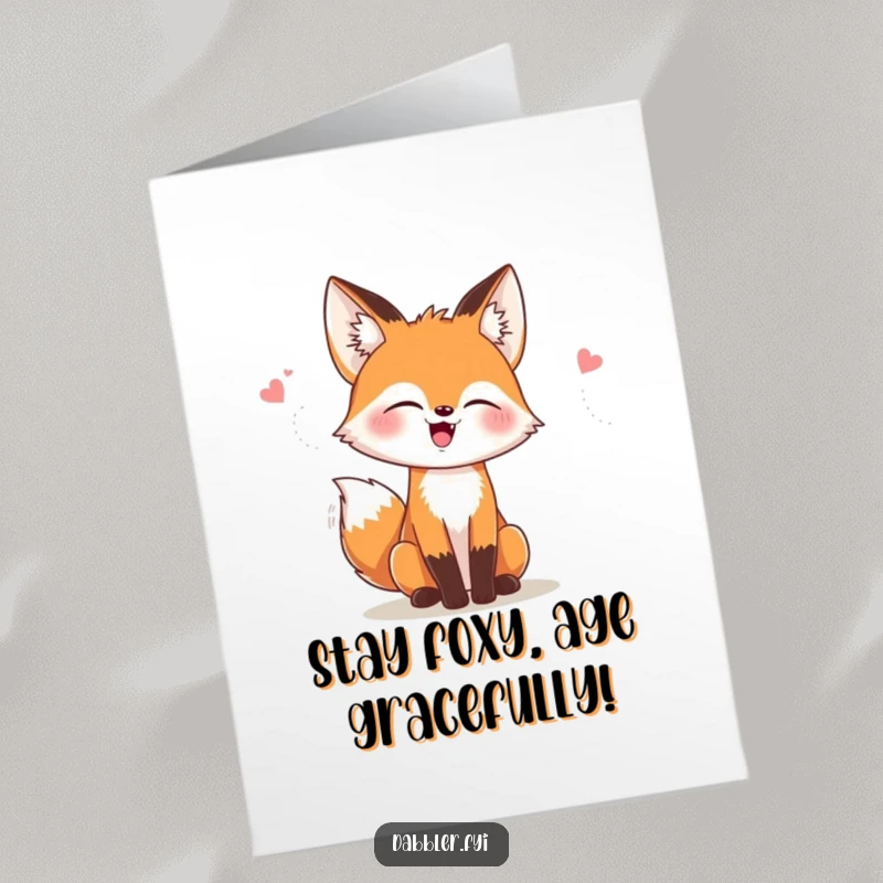 Funny Free Printable Birthday Card: A stylish fox giggling while trying on different fun hats and accessories, full of fashion joy.