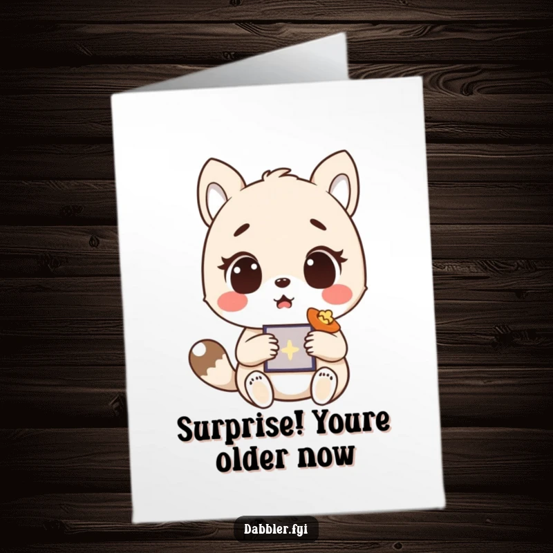 Funny free printable birthday card: A wide-eyed animal character gasps at a delightful surprise gift, perfect for laughter.