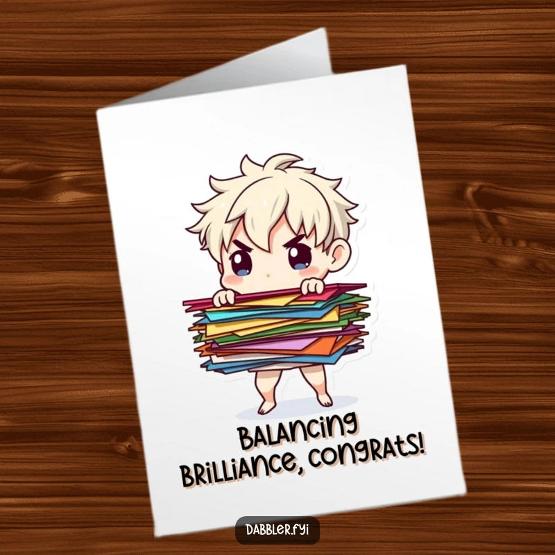 Funny Free Printable Congratulations Card: Determined character balancing colorful paper scraps, a humorous DIY congratulatory message.