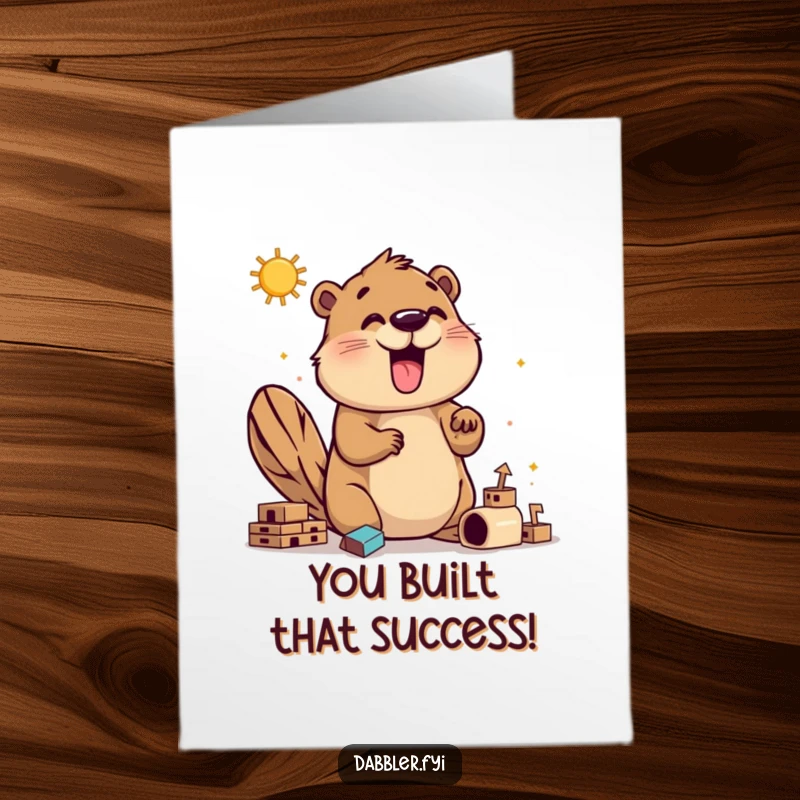 Funny Free Printable Beaver Congratulations Card featuring a happy beaver proudly showcasing a new construction for their success.