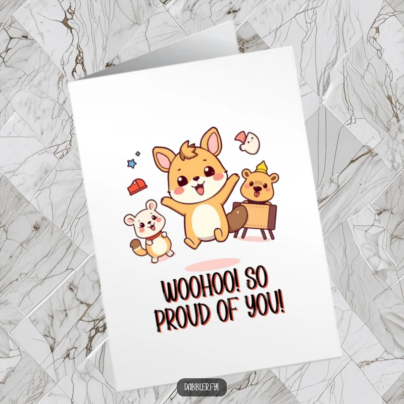 Free Printable Congratulations Card featuring an ecstatic animal character energetically leaping and bouncing through a series of fun, simple activities.