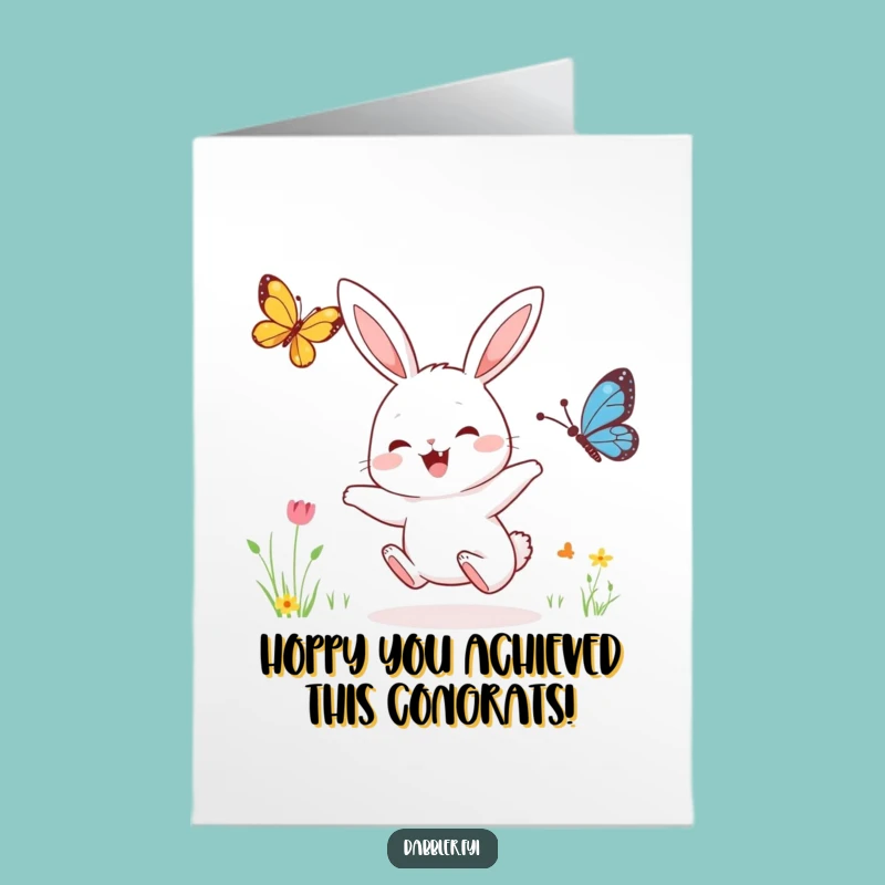 Free Printable Congrats Card: Happy Rabbit Butterfly Pursuit, Joyful Downloadable Greeting