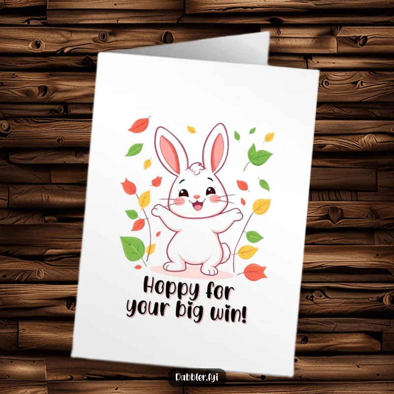 Funny Free Printable Congratulations Card: Happy rabbit juggling colorful leaves with a broad smile, celebrating achievements.