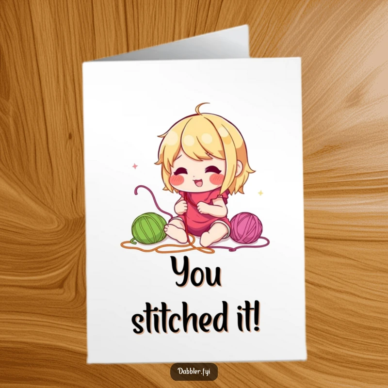 Funny Free Printable Congratulations Card showing a character excitedly trying out various coloured threads, celebrating a new win.