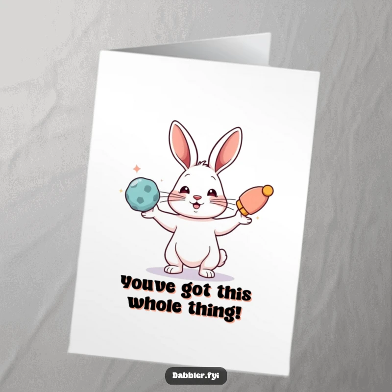 Funny Free Printable Congratulations Card: A rabbit skillfully juggling bright objects, celebrating a wonderful achievement with flair.