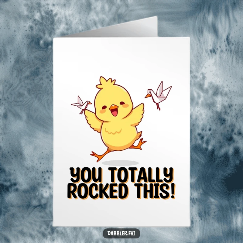 Funny Free Printable Congratulations Card: Joyful chick dancing with origami crane, a delightful DIY printable.