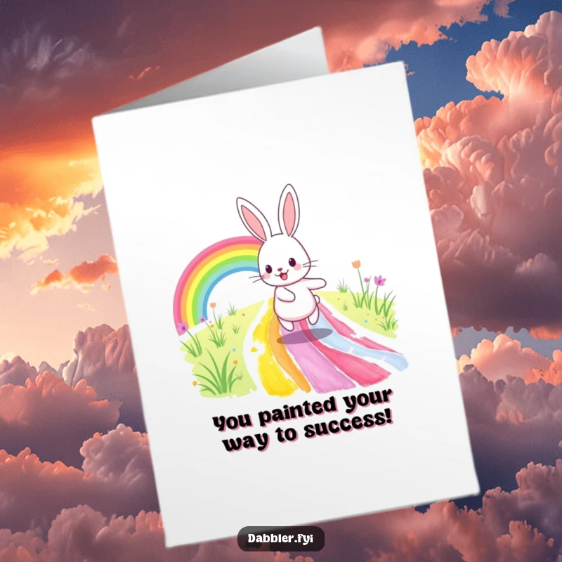 Funny Free Printable Congratulations Card: A happy rabbit hops along a bright rainbow path, perfect for your DIY gift.