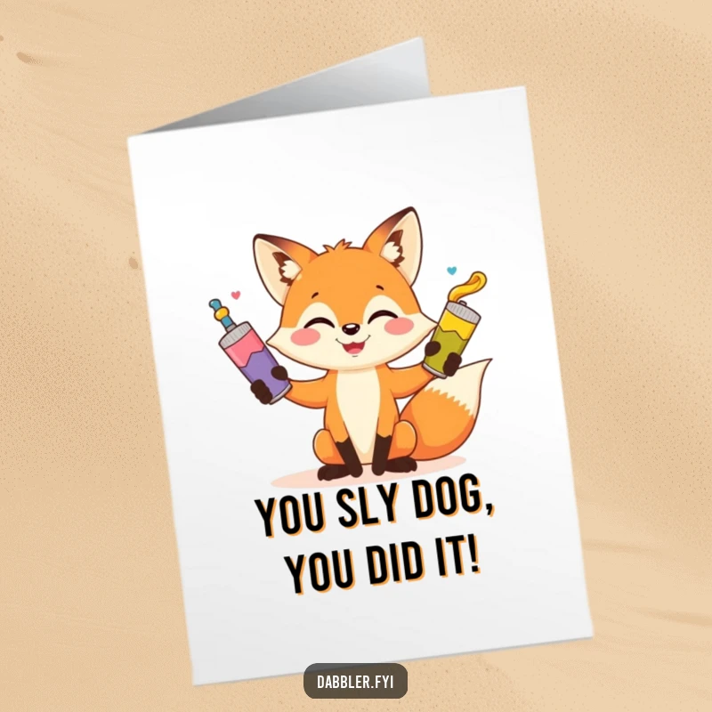 Funny Free Printable Congratulations Card: A playful fox juggles paint tubes, celebrating a successful achievement with a smile.